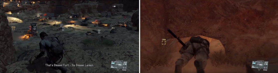 The fortress is large (left) and the Honey Bee is located after a network of tunnels. Look for a crawl space (right) to gain access to the weapon.