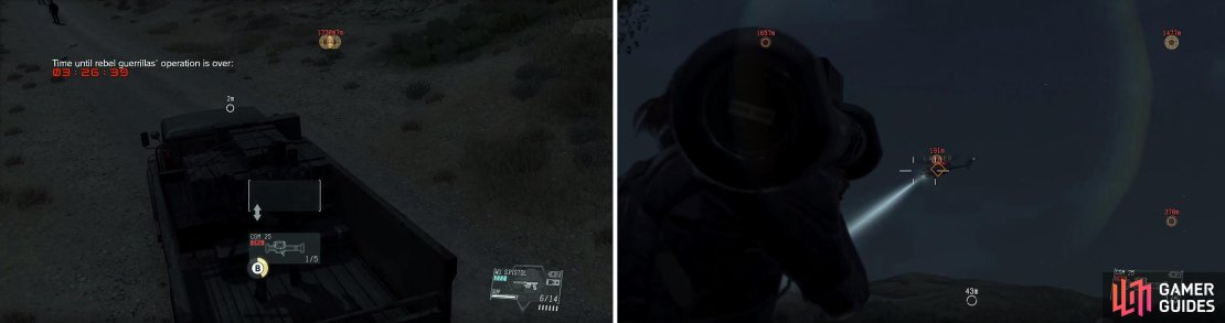 Once you&rsquo;ve taken out the driver of the weapon&rsquo;s transport, climb into the back to retrieve the rocket launcher (left). Use it on the enemy gunship at the LZ (right) to gain bonus points.