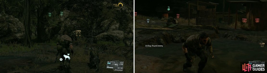 D-Dog (left) is a good choice for this mission because he can scout the enemies (right).