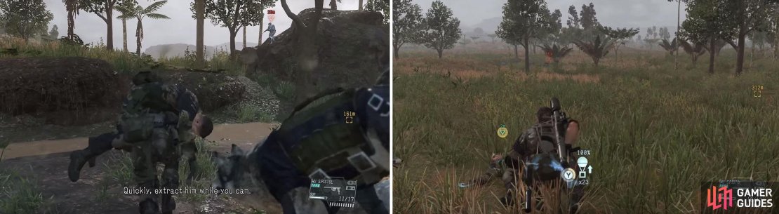 The first soldier&rsquo;s location (left) whom you should to a safe location and then extract him (right).