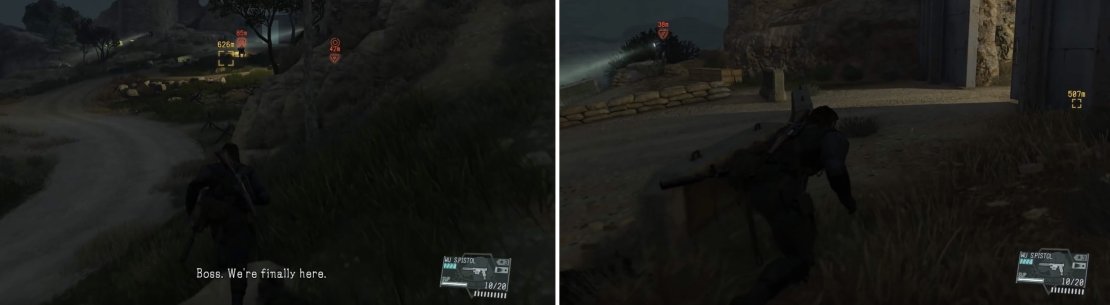 The entrance (left) is heavily guarded with walkers, snipers, mines & heavy infantry. Crawl far away from enemies to make it to the base (right).