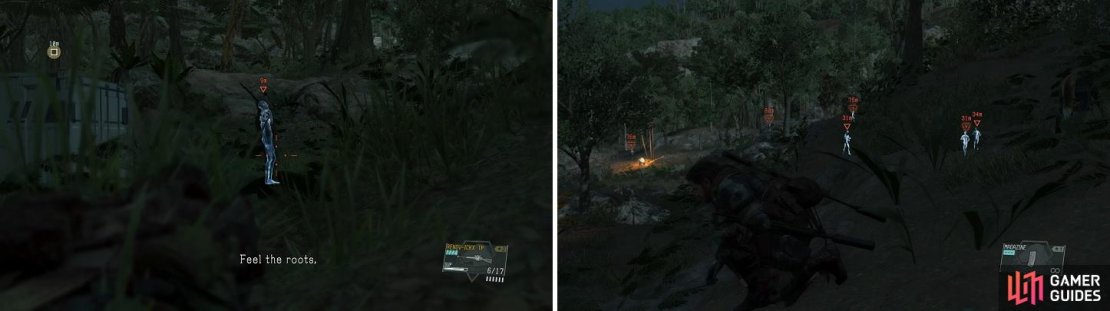 The enemies guarding the containers will be wearing full body armor (left), so you can&rsquo;t use tranquilizer darts. Wait too long and a lot more enemies will show up (right).