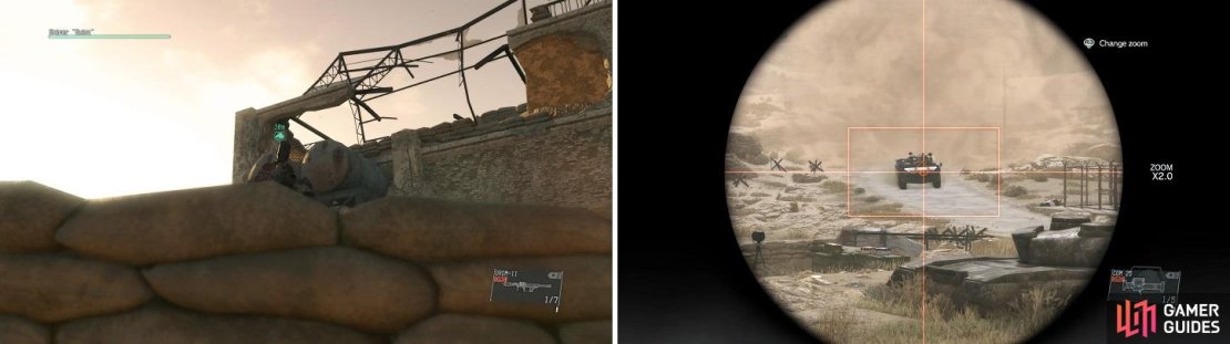 Quiet will sit atop the ruins (left) and help with the battle. As long as you keep the enemy engaged (right), they won&rsquo;t target Quiet.