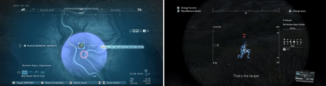D-Dog can locate the Wandering Soldiers with ease but they&rsquo;re normally found in the center of the blue circle (left).