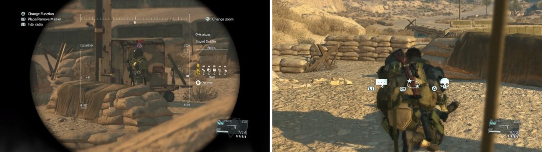 Heavy Infantry wear very thick armor (left), so they cannot be shot with tranq rounds. You&rsquo;ll have to sneak up behind them (right) to knock them unconscious.