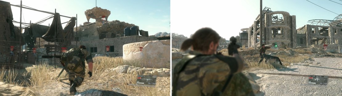D-Dog&rsquo;s primary function is to mark targets for you (left), but he can also attack enemies to help you in combat (right).