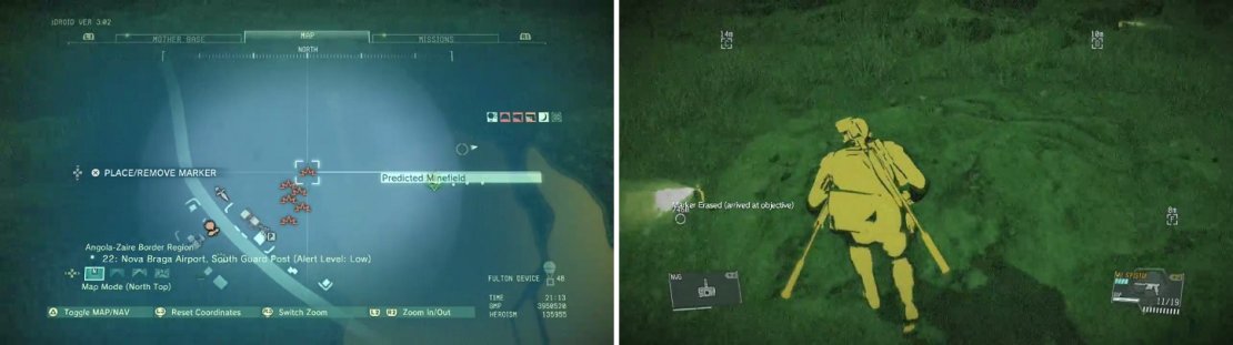 Bringing D-Dog along will have him mark the mines on your map (left). You can also use your nightvision goggles to find their locations (right).
