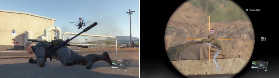 You&rsquo;ll run into a lot of enemy gunships (left) while doing the vehicle Side Ops. You will also want to keep an eye out for snipers (right).