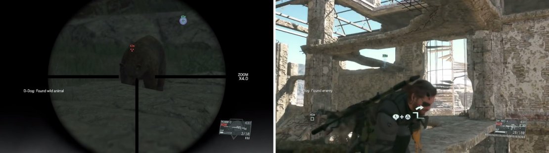 Sometimes, the children are being guarded by something other than soldiers (left). D-Dog is great for finding the childen&rsquo;s locations (right).
