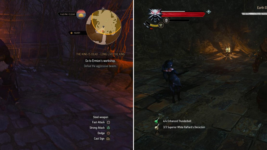 Fight off the “animals” in Ermion’s quarters (left) then defeat an Earth Elemental in his laboratory (right).