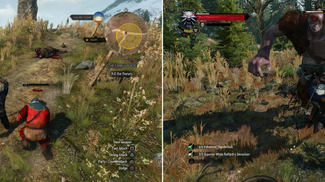 Kill some Bandits, only to discover that the blade you’re looking for has already changed hands (left). Find a Cyclops near a sacked cart, clearly the culprit of this atrocity (right).