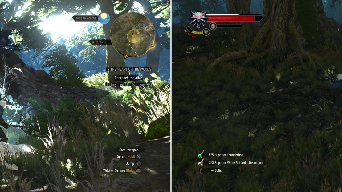 If you choose to side with Sven, head into the woods and destroy some totems (left) then confront the Woodland Spirit (right).