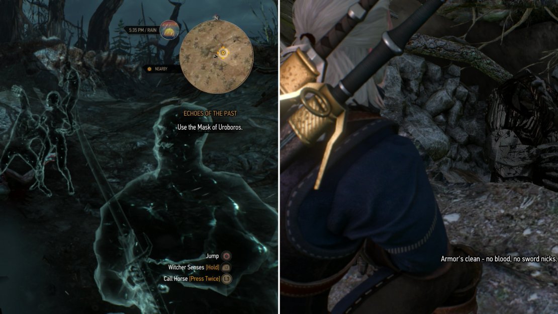 Use the Mask of Uroboros to witness figments of the past (left). A corpse at the end of your search reveals the nature of Ciri’s foe (right).