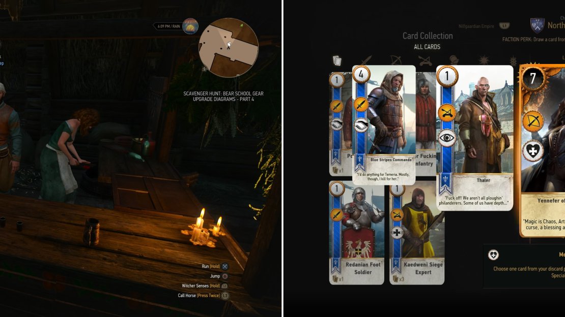 Play various Innkeeps in Velen (left) to score some rare and powerful cards (right).