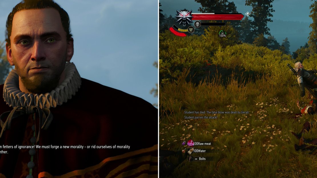 At the third shrine you’ll find the desecrators - some comically stereotyped atheists (left). To complete the quest, beat some sense into them to stop their sacrilege (right).