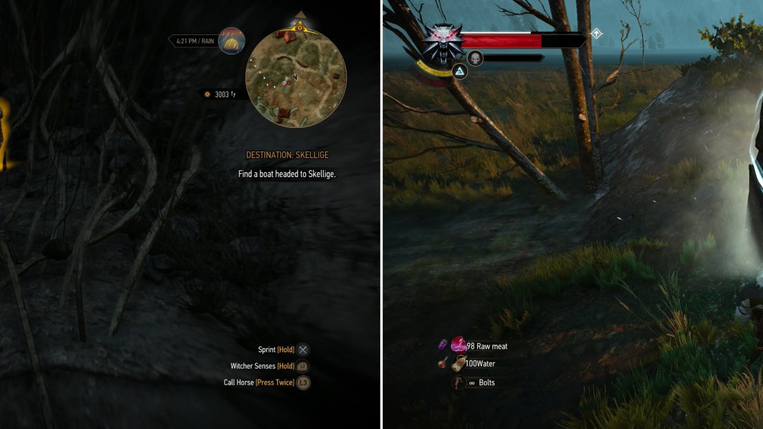Use Aard to blast your way into a cave, where you’ll find the Diagram: Enhanced Griffin Gauntlets in a chest (left). South of Frischlow you’ll find a Place of Power (right).
