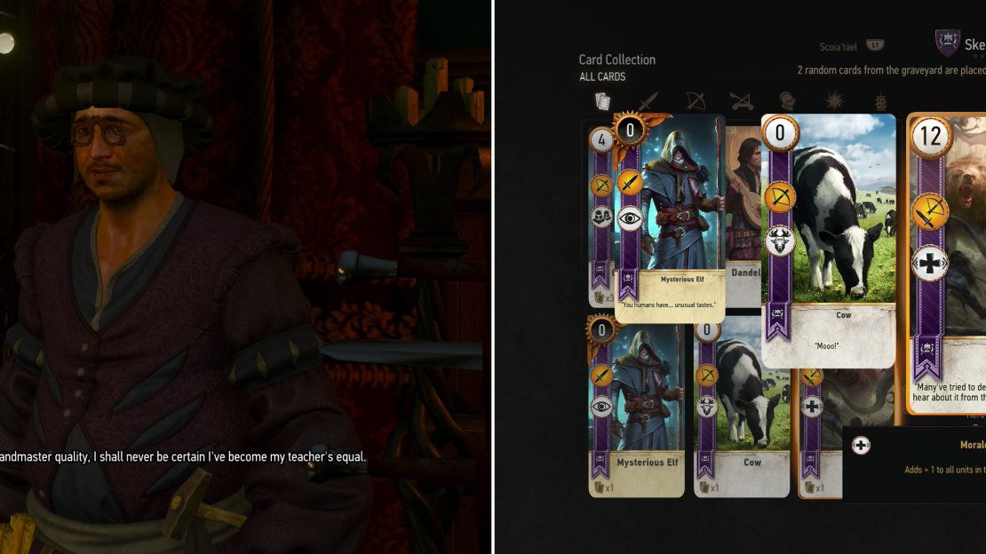Visit Lazare Lafargues Workshop and talk to Lafargues to learn about the Grandmaster Witcher diagrams scattered throughout Toussaint (left). Defeat the Sommelier in Gwent to obtain the potent Olaf card (right).