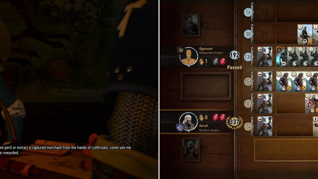 Talk to the Camerlengo to learn about some opportunities to earn some coin (left), then challenge his competent Nilfgaardian deck at Gwent, which can result in quite a high-scoring game… (right).