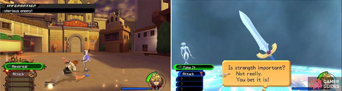 You will meet a new enemy here but you can use Reversals on it (left). You will also get a chance to choose your initial character build (right).