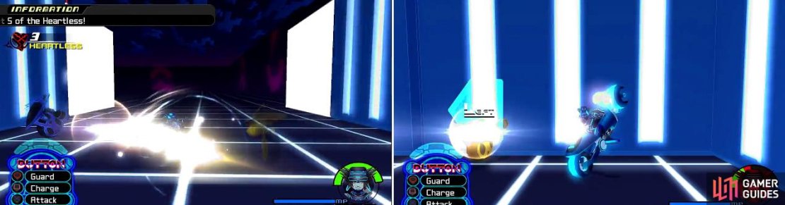 You should take out the Heartless (left) as you race or they can damage you. Try not to crash (right) or it will hurt a lot!