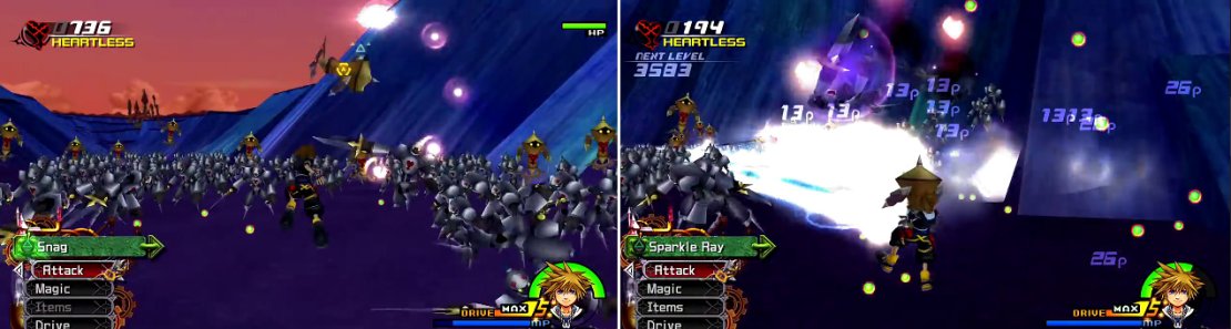 You can use the gold Heartless as weapons. Snag them (left) and then use Sparkle Ray (right) to defeat multiple Heartless in a row.