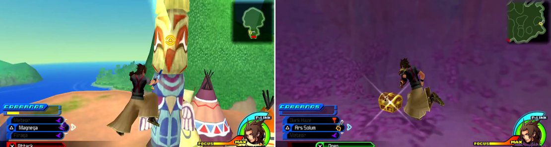 Bounce on the trampoline and hit the totem pole (left) to get Thundaga to drop. Search across the water (right) for chests spread around.