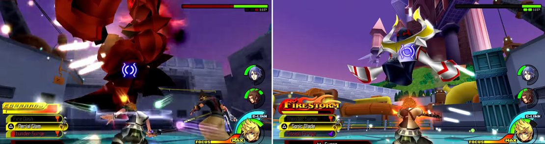 Like when you fought it before, Trinity Armor uses the energy beam on and off (left). Once its limbs are demolished, it will start spasming out of control (right).
