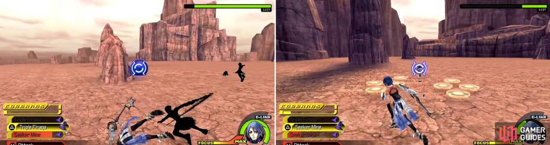 Aqua’s cartwheel is especially good for dodging the incessant attacks (left). Seeker Mine (right) can also be an excellent way of getting some damage considering the difficulty in trying to attack him.