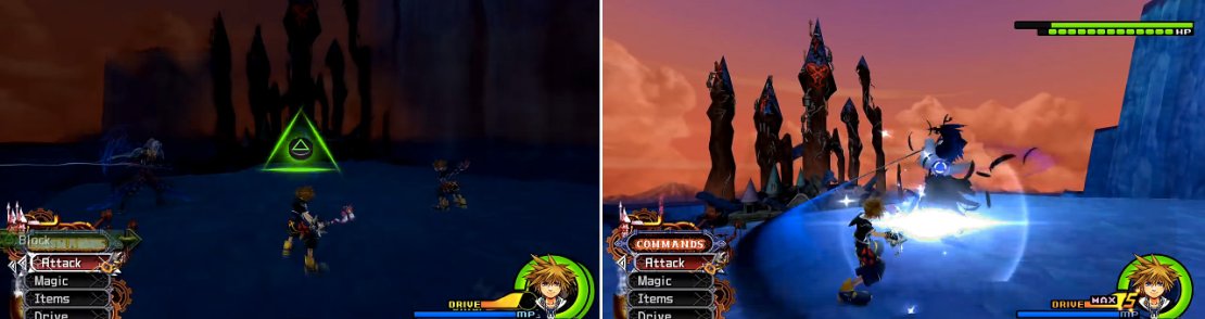 Look for the opportunity to use the Reaction Command during Flash (left). Sephiroth&rsquo;s sword strokes can be blocked (right) pretty easily.