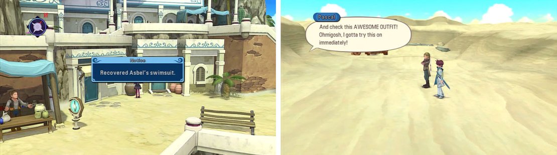 Secure Asbel&rsquo;s swimsuit (left) and then head to the Sandshroud ruins to begin to gather Pascal&rsquo;s outfits.