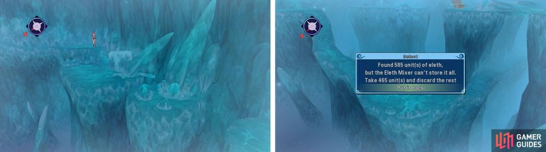 Don’t forget the dual icicles in the southeast that lead to a Master Tonic C (left). You can then head toward the exit and get the chest with some Eleth (right).