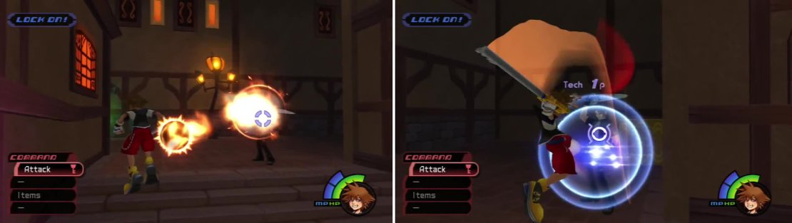Leon will cast Fire at you (left) but his attack can be parried (right) for a Tech point.