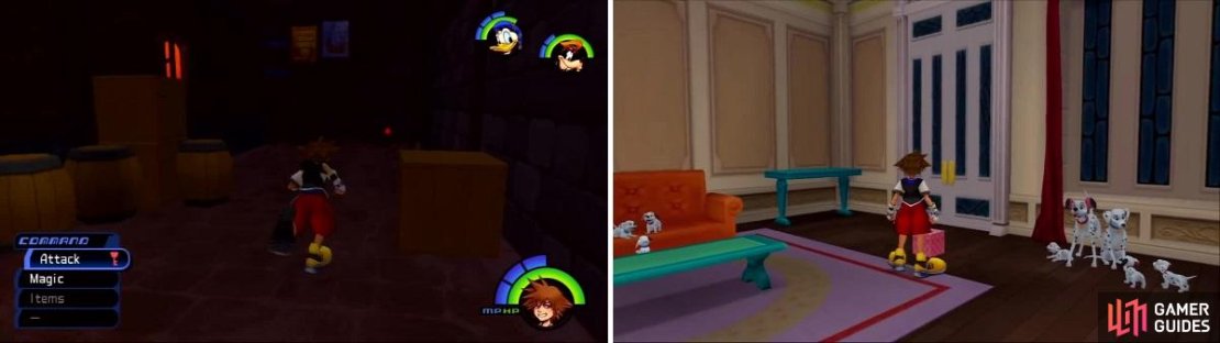 Find the red Trinity Charge mark in the alley you first arrived in (left). Check in at the Dalmatians&rsquo; House to pick up any rewards (right).
