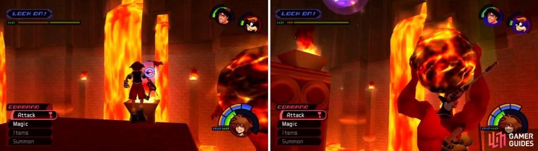 Iago is carrying the lamp so target him (left) whilst Jafar-Genie throws large fireballs at you (right).