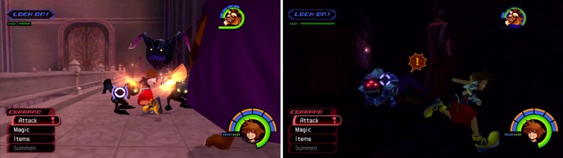 Darkballs float around (left) but present a big target. A Defender charges up his shield to shoot Fire (right).