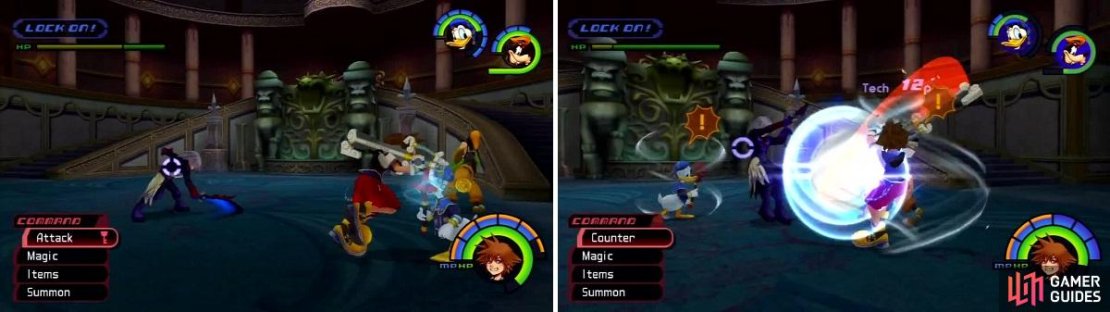 Riku uses a three-combo attack (left) but it can be parried (right).