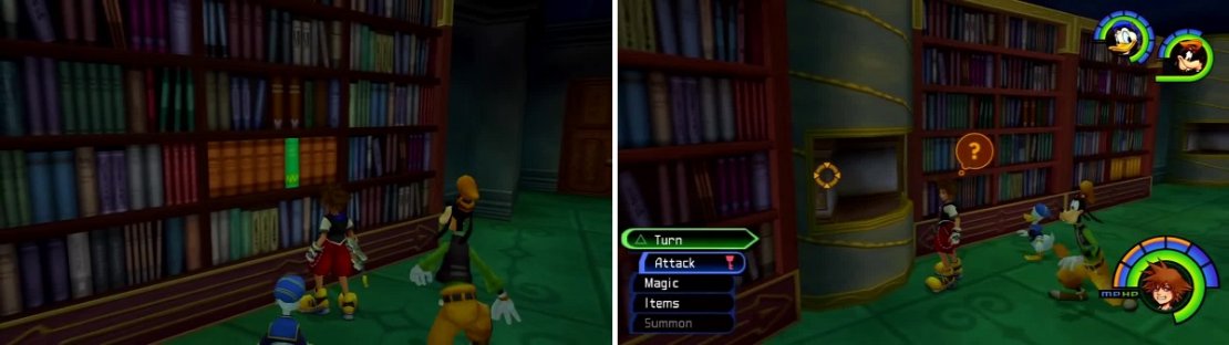 This green book is out of place (left) and needs to be put back with the other green books. Spin the columns (right) to get some Chests.