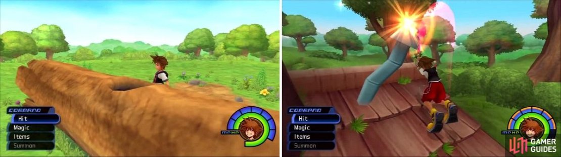 Don&rsquo;t leave without looking inside the log (left). Hit Pooh&rsquo;s chimney to dislodge an item that managed to get inside (right).