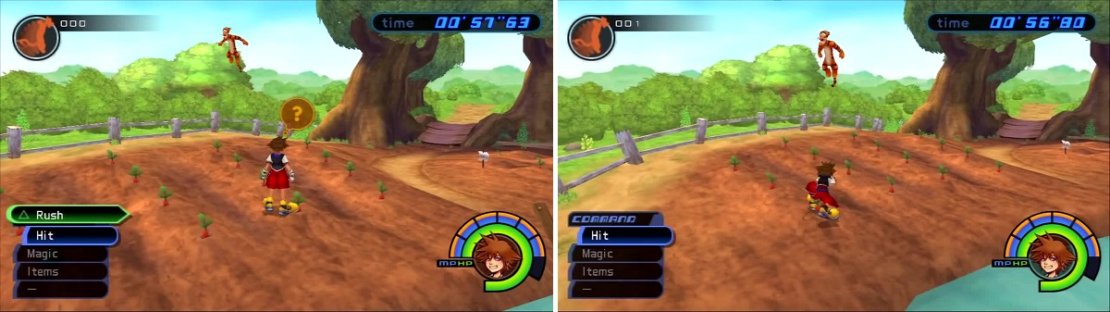 Stand on a carrot (left) then Rush under Tigger to bounce him in the air (right) and prevent him from stomping the carrots.