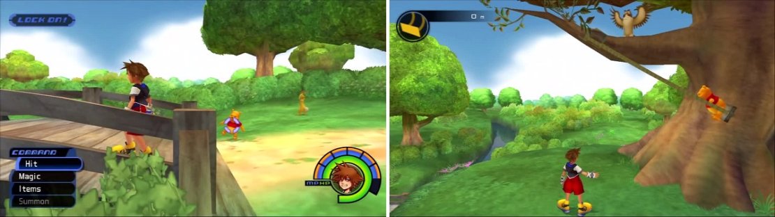 Sora leads Pooh Bear over a bridge (left) and up a hill to a swing. Sora then uses Owl&rsquo;s wings to help him push Pooh at the perfect time. (right)