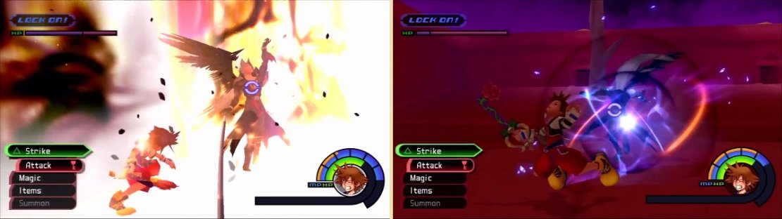 Sephiroth summons three large pillars of fire (left). Finish a combo or he&rsquo;ll teleport and slash you (right).