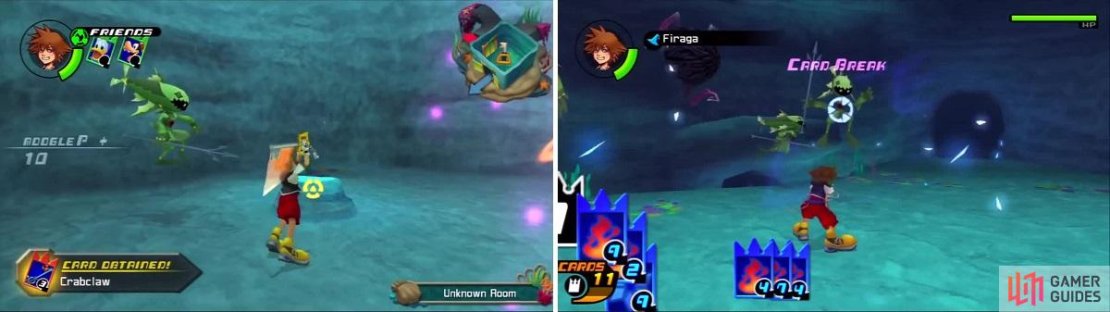 Attack as many objects as possible to grab Crabclaw cards (left). Don&rsquo;t be surprised to see strange combinations of Heartless in fights (right).