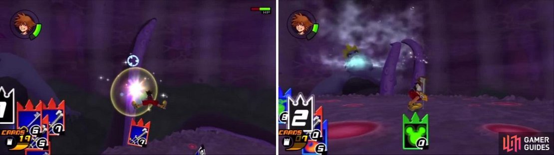 Ursula&rsquo;s tentacles are an easy target (left). Sora uses the Gimmick Card (right) with incredible results.