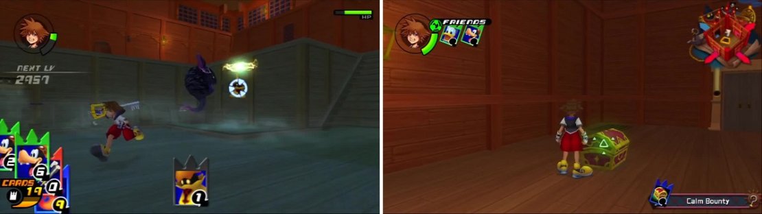 Sora doesn&rsquo;t pay attention as a Yellow Opera uses a card of 1 value to deliver a killing blow (left). Sora creates a room of Calm Bounty for a brief respite (right).