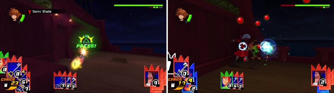 Captain Hook doesn&rsquo;t present much of a problem when Sora uses Sonic Blade (left). Peter Pan is summoned and repeatedly stabs Hook in the back (right).
