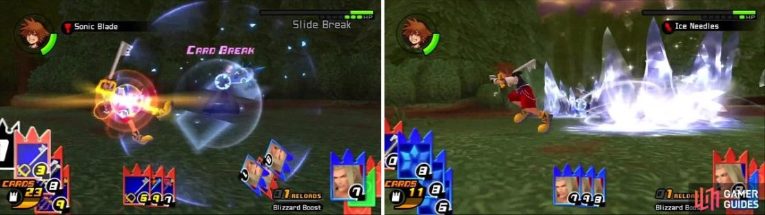 Sora is able to cardbreak Vexen&rsquo;s Slide Break sleight (left), but has to run around to dodge the Ice Needles (right).