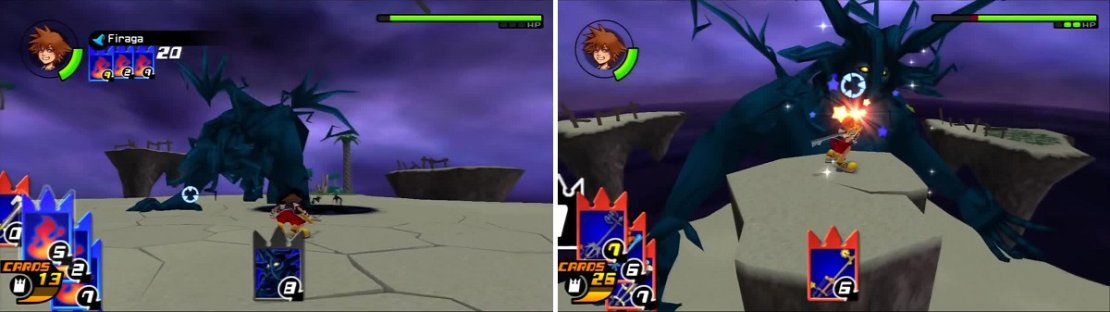 Darkside uses his familiar Shadow Summon attack (left). The Gimmick Card gives Sora a clear shot to attack Darkside&rsquo;s head (right).