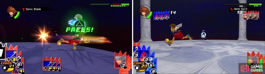 Riku has no answer for Sonic Blade (left). Sora waits to cardbreak Riku&rsquo;s Helm Split (right).