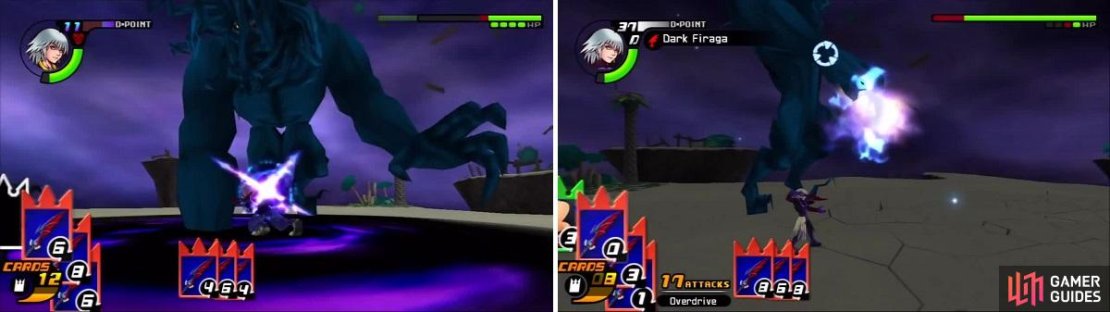 Darkside&rsquo;s fist is an easy target when he uses Shadow Summoning (left). Dark Firaga homes in on Darkside (right).