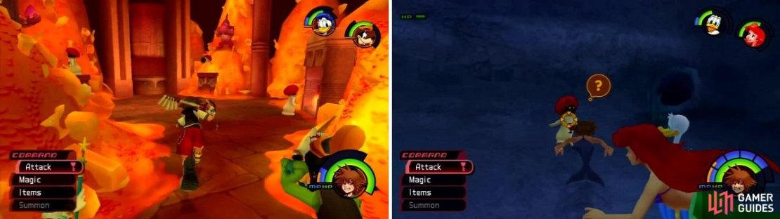 One of the White Mushrooms in Agrabah is floating in the air (left) while unmoving Mushrooms have a chance to be encountered in Atlantica (right).
